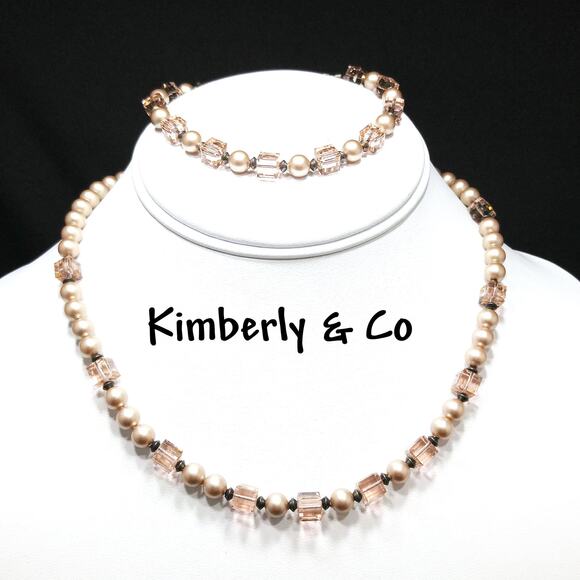 Vintage Pink Beaded Necklace & Bracelet Jewelry Set, Faux Pearls Square Crystals - Picture 1 of 10